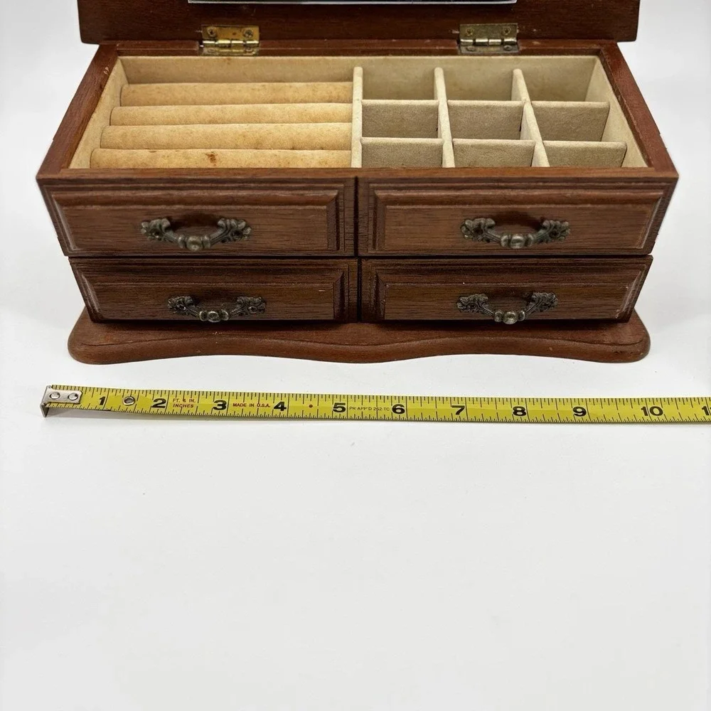 Vintage Mele Wooden Flip Top Jewelry Box Table Top Drawers Ring Holder Trinket